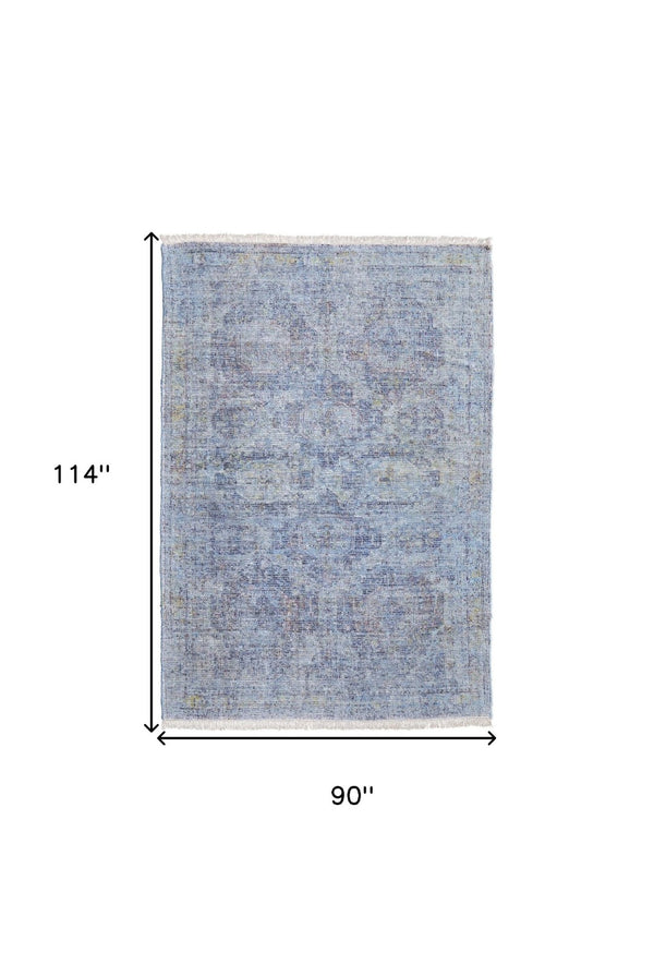 HomeRoots 4' Blue and Ivory Abstract Hand-Woven Area Rug with Fringed Tassels – Unique Distressed Design 8' X 10' 566200
