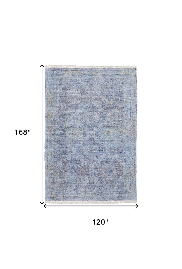 HomeRoots 4' Blue and Ivory Abstract Hand-Woven Area Rug with Fringed Tassels – Unique Distressed Design 10' X 14' 566202