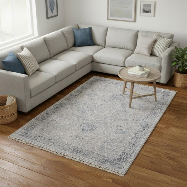 HomeRoots 4' Hand-Woven Distressed Area Rug in Gray-Blue & Taupe - Unique Abstract Design with Fringe 9' X 12' 566207