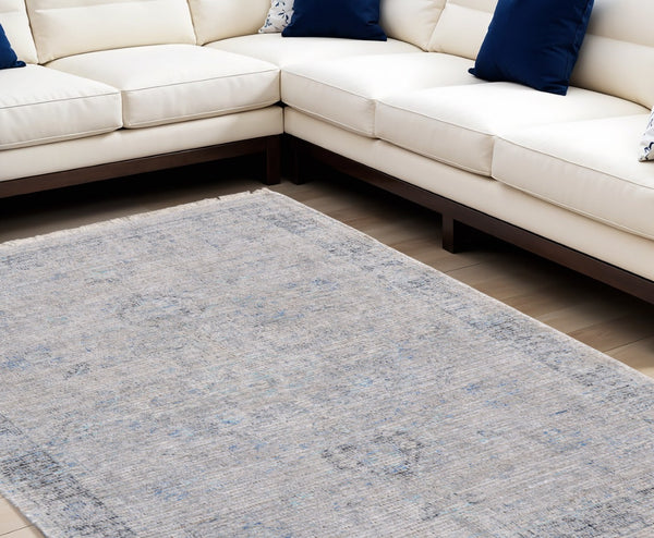 HomeRoots 4' Hand-Woven Distressed Area Rug in Gray-Blue & Taupe - Unique Abstract Design with Fringe 10' X 14' 566208