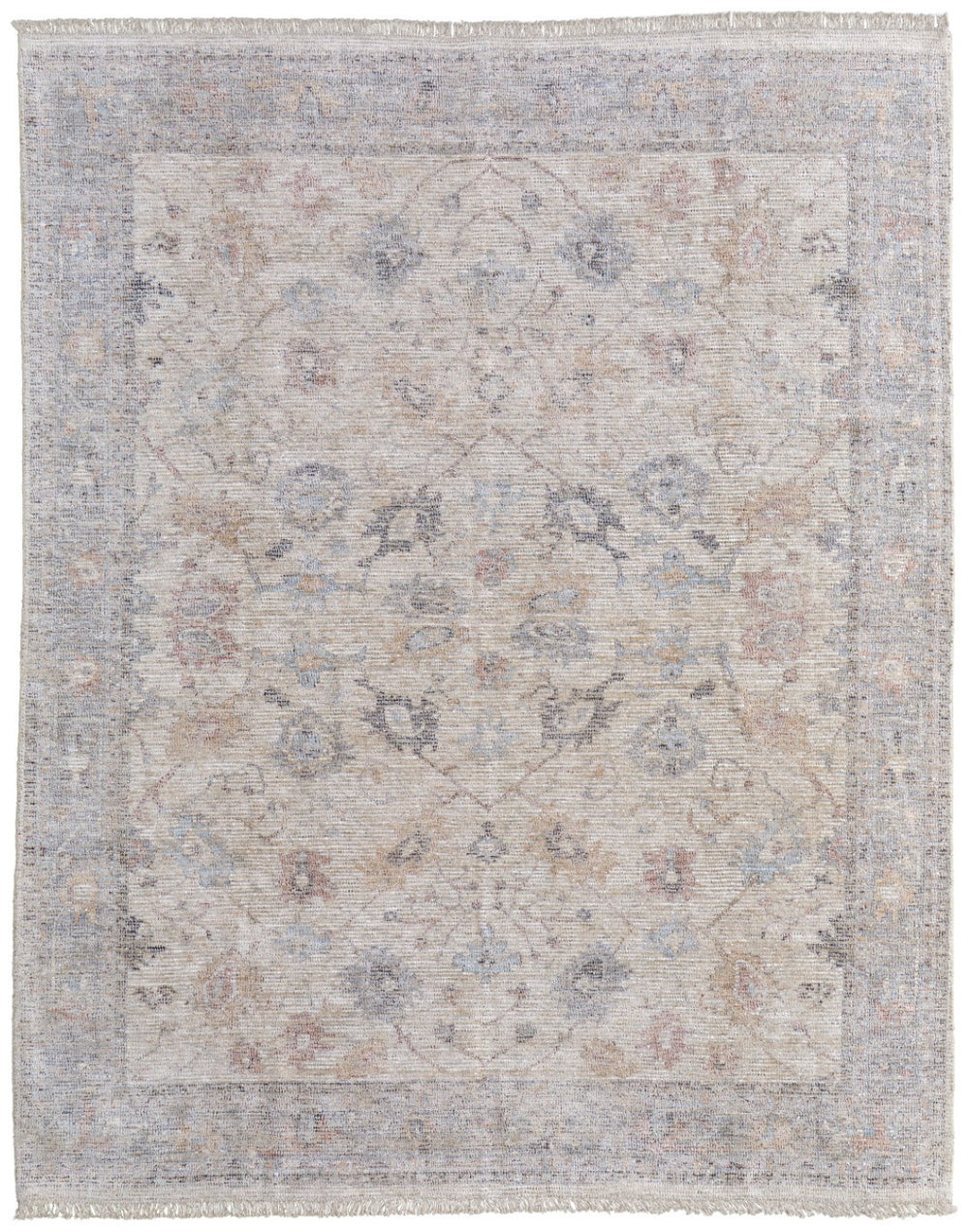 HomeRoots 4' Hand-Woven Distressed Floral Area Rug in Ivory Tan and Blue with Tasseled Fringe for Elegance 4' X 6' 566210