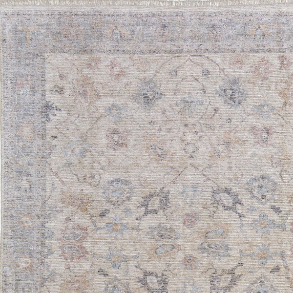 HomeRoots 4' Hand-Woven Distressed Floral Area Rug in Ivory Tan and Blue with Tasseled Fringe for Elegance 5' X 8' 566211