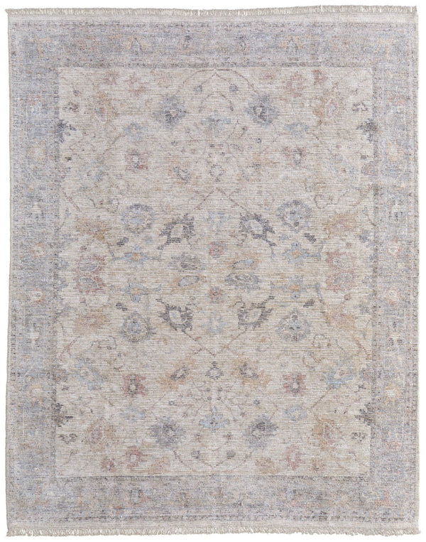 HomeRoots 4' Hand-Woven Distressed Floral Area Rug in Ivory Tan and Blue with Tasseled Fringe for Elegance 5' X 8' 566211