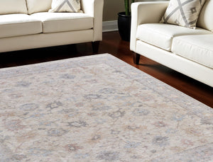 HomeRoots 4' Hand-Woven Distressed Floral Area Rug in Ivory Tan and Blue with Tasseled Fringe for Elegance 9' X 12' 566213