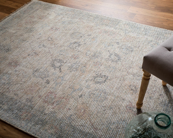 HomeRoots 4' Hand-Woven Distressed Floral Area Rug in Ivory Tan and Blue with Tasseled Fringe for Elegance 9' X 12' 566213