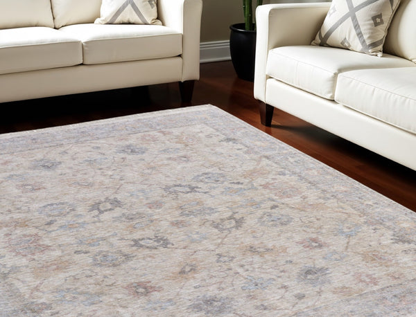 HomeRoots 4' Hand-Woven Distressed Floral Area Rug in Ivory Tan and Blue with Tasseled Fringe for Elegance 10' X 14' 566214