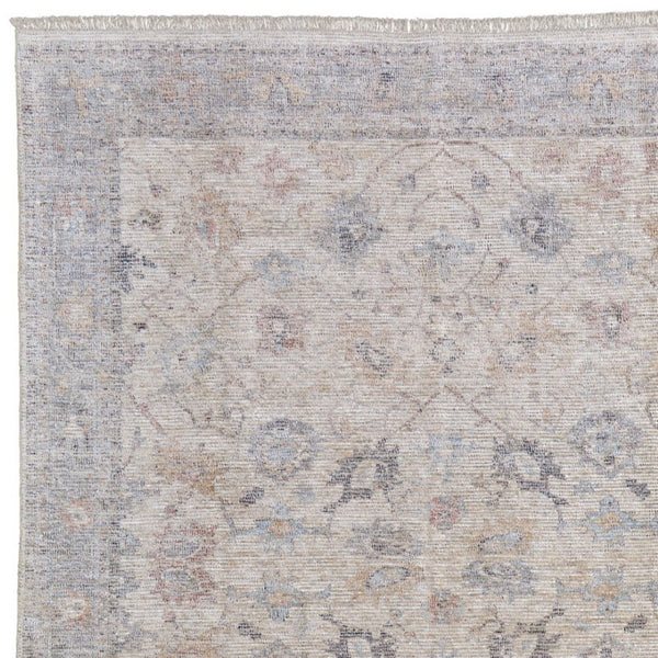 HomeRoots 4' Hand-Woven Distressed Floral Area Rug in Ivory Tan and Blue with Tasseled Fringe for Elegance 10' X 14' 566214