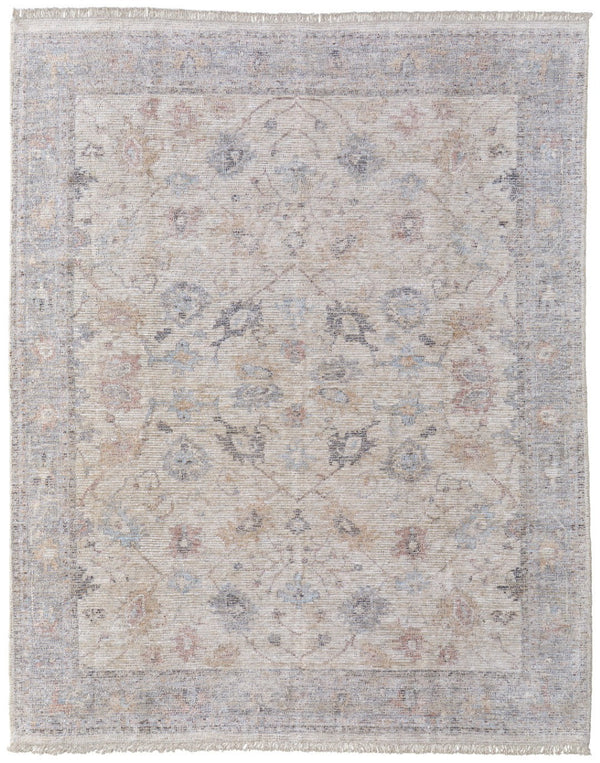 HomeRoots 4' Hand-Woven Distressed Floral Area Rug in Ivory Tan and Blue with Tasseled Fringe for Elegance 10' X 14' 566214