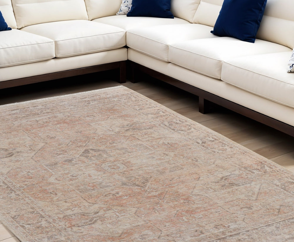 HomeRoots 4' Hand-Woven Oriental Area Rug in Tan, Orange, Ivory - Vintage-Inspired with Fringed Edges 9' X 12' 566219