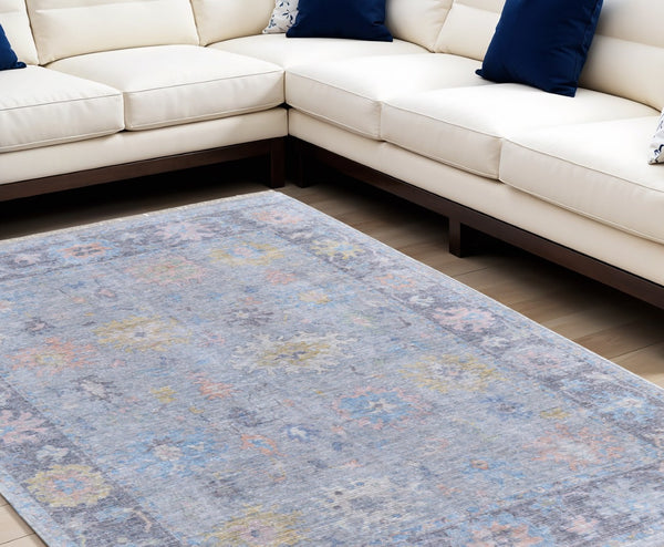 HomeRoots 4' Hand Woven Distressed Floral Area Rug in Orange, Blue & Gold - Vintage Charm with Fringe Edges 8' X 10' 566230