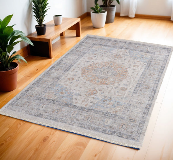 HomeRoots 4' Hand-Woven Ivory Blue Orange Oriental Area Rug with Distressed Finish and Elegant Fringe Detail 4' X 6' 566234
