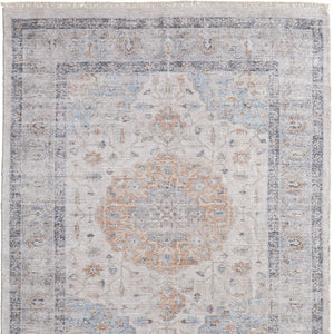 HomeRoots 4' Hand-Woven Ivory Blue Orange Oriental Area Rug with Distressed Finish and Elegant Fringe Detail 4' X 6' 566234