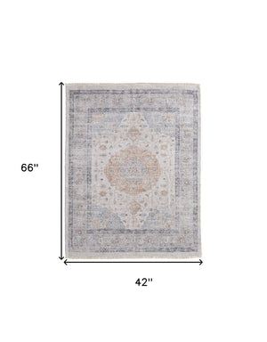 HomeRoots 4' Hand-Woven Ivory Blue Orange Oriental Area Rug with Distressed Finish and Elegant Fringe Detail 4' X 6' 566234