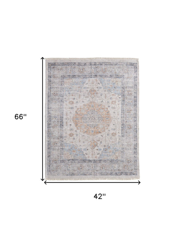 HomeRoots 4' Hand-Woven Ivory Blue Orange Oriental Area Rug with Distressed Finish and Elegant Fringe Detail 4' X 6' 566234