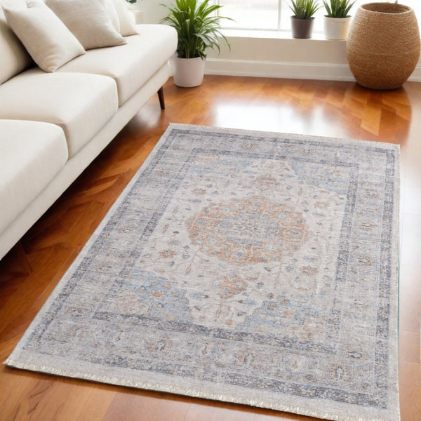 HomeRoots 4' Hand-Woven Ivory Blue Orange Oriental Area Rug with Distressed Finish and Elegant Fringe Detail 5' X 8' 566235