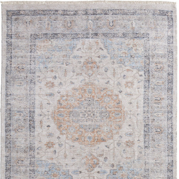 HomeRoots 4' Hand-Woven Ivory Blue Orange Oriental Area Rug with Distressed Finish and Elegant Fringe Detail 5' X 8' 566235