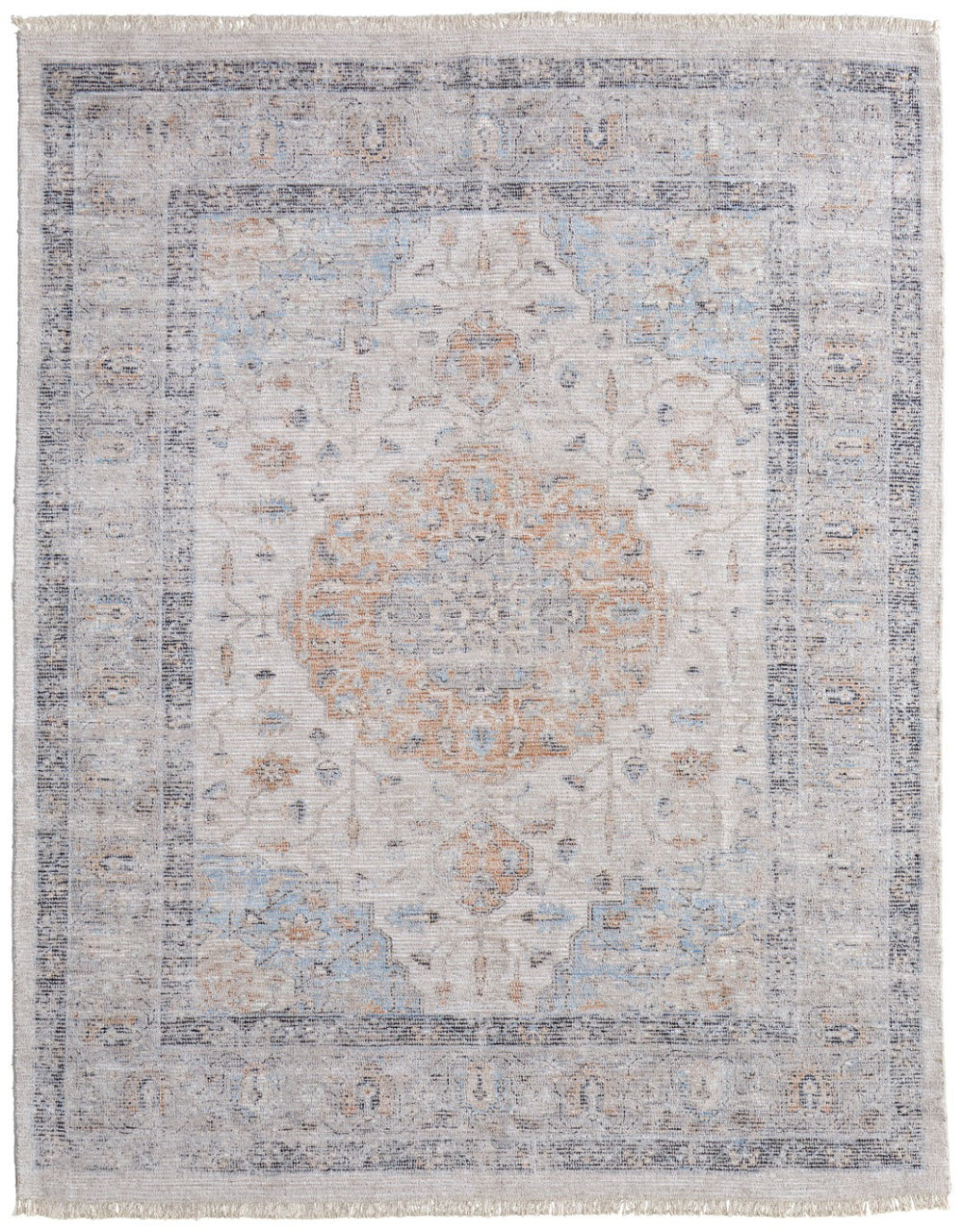 HomeRoots 4' Hand-Woven Ivory Blue Orange Oriental Area Rug with Distressed Finish and Elegant Fringe Detail 5' X 8' 566235