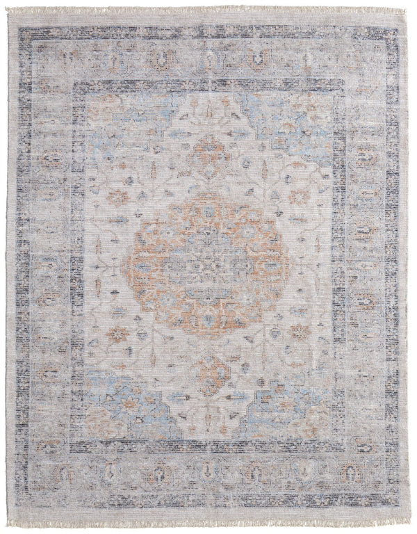 HomeRoots 4' Hand-Woven Ivory Blue Orange Oriental Area Rug with Distressed Finish and Elegant Fringe Detail 8' X 10' 566236