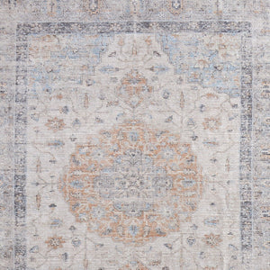 HomeRoots 4' Hand-Woven Ivory Blue Orange Oriental Area Rug with Distressed Finish and Elegant Fringe Detail 8' X 10' 566236