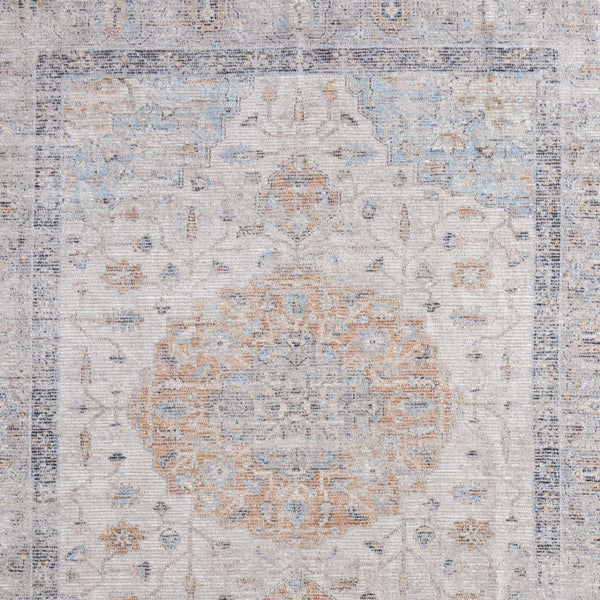 HomeRoots 4' Hand-Woven Ivory Blue Orange Oriental Area Rug with Distressed Finish and Elegant Fringe Detail 8' X 10' 566236