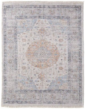 HomeRoots 4' Hand-Woven Ivory Blue Orange Oriental Area Rug with Distressed Finish and Elegant Fringe Detail 8' X 10' 566236