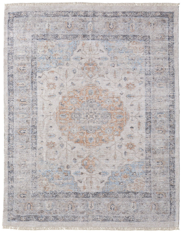 HomeRoots 4' Hand-Woven Ivory Blue Orange Oriental Area Rug with Distressed Finish and Elegant Fringe Detail 8' X 10' 566236