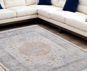 HomeRoots 4' Hand-Woven Ivory Blue Orange Oriental Area Rug with Distressed Finish and Elegant Fringe Detail 9' X 12' 566237