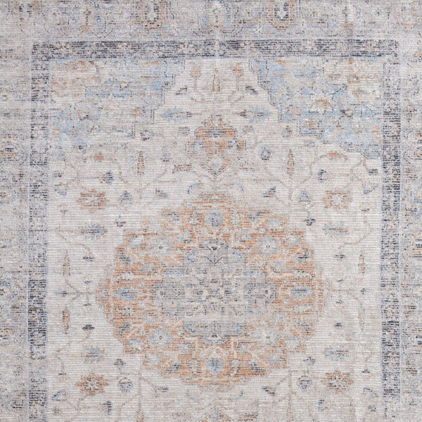 HomeRoots 4' Hand-Woven Ivory Blue Orange Oriental Area Rug with Distressed Finish and Elegant Fringe Detail 9' X 12' 566237