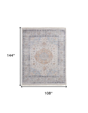 HomeRoots 4' Hand-Woven Ivory Blue Orange Oriental Area Rug with Distressed Finish and Elegant Fringe Detail 9' X 12' 566237