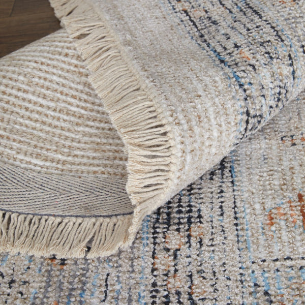 HomeRoots 4' Hand-Woven Ivory Blue Orange Oriental Area Rug with Distressed Finish and Elegant Fringe Detail 10' X 14' 566238