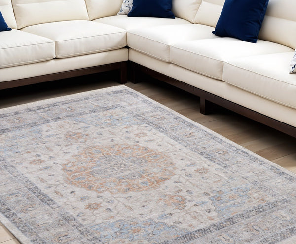 HomeRoots 4' Hand-Woven Ivory Blue Orange Oriental Area Rug with Distressed Finish and Elegant Fringe Detail 10' X 14' 566238