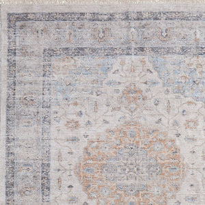 HomeRoots 4' Hand-Woven Ivory Blue Orange Oriental Area Rug with Distressed Finish and Elegant Fringe Detail 10' X 14' 566238