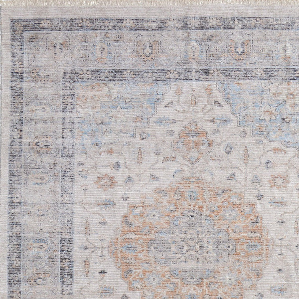 HomeRoots 4' Hand-Woven Ivory Blue Orange Oriental Area Rug with Distressed Finish and Elegant Fringe Detail 10' X 14' 566238