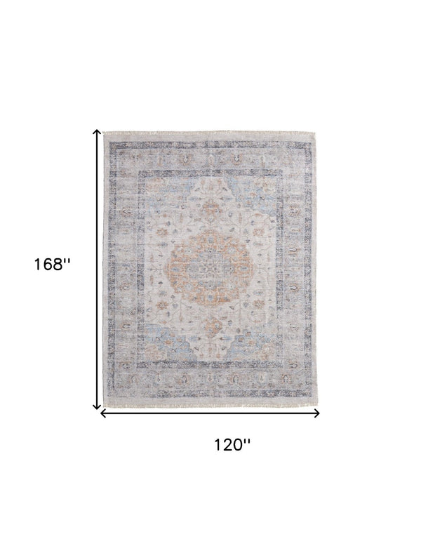 HomeRoots 4' Hand-Woven Ivory Blue Orange Oriental Area Rug with Distressed Finish and Elegant Fringe Detail 10' X 14' 566238