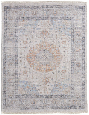 HomeRoots 4' Hand-Woven Ivory Blue Orange Oriental Area Rug with Distressed Finish and Elegant Fringe Detail 10' X 14' 566238