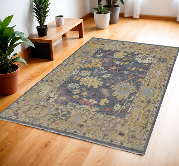 Homeroots 4' X 6' Gold Blue And Purple Wool Oriental Hand Knotted Area Rug With Fringe Gold Wool 566240