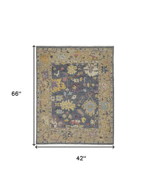 Homeroots 4' X 6' Gold Blue And Purple Wool Oriental Hand Knotted Area Rug With Fringe Gold Wool 566240