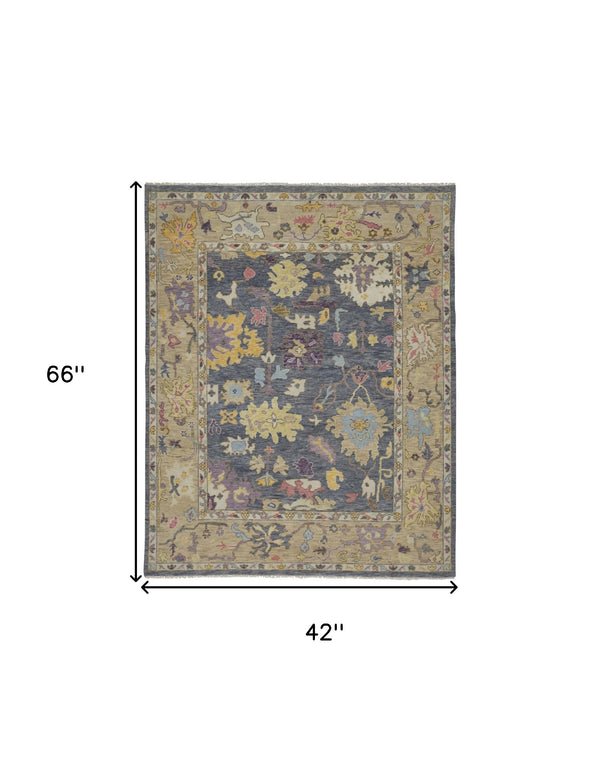 Homeroots 4' X 6' Gold Blue And Purple Wool Oriental Hand Knotted Area Rug With Fringe Gold Wool 566240