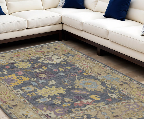HomeRoots 4' Hand-Knotted Wool Oriental Area Rug in Rich Gold, Blue, and Purple - Timeless Elegance for Any Room 6' X 9' 566241