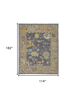 Homeroots 9' X 13' Gold Blue And Purple Wool Oriental Hand Knotted Area Rug With Fringe Gold Wool 566244
