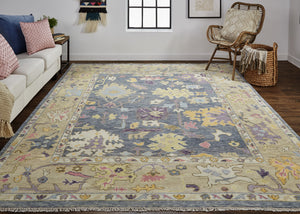 Homeroots 9' X 13' Gold Blue And Purple Wool Oriental Hand Knotted Area Rug With Fringe Gold Wool 566244