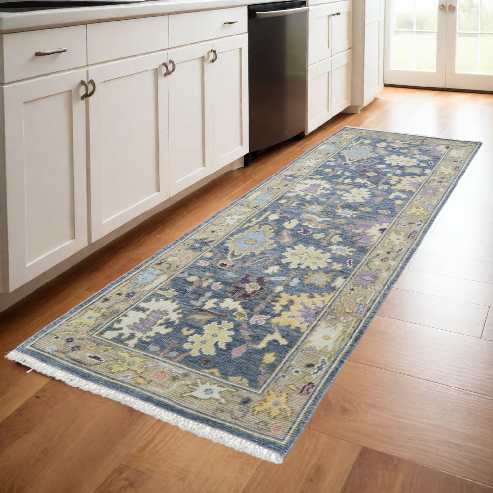 Homeroots 8' Gold Blue And Purple Wool Oriental Hand Knotted Runner Rug With Fringe Gold Wool 566245