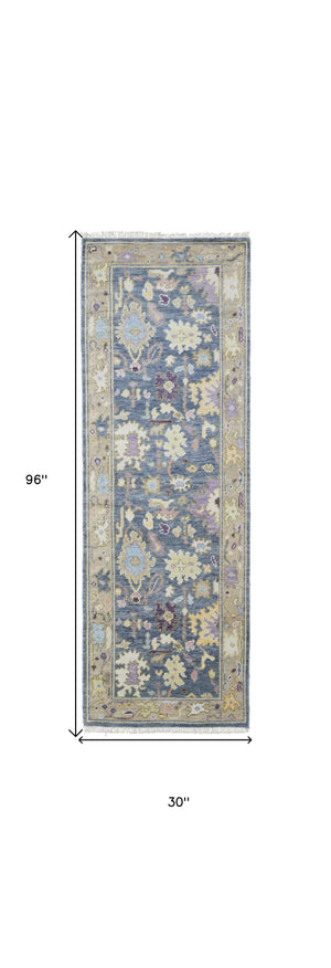 Homeroots 8' Gold Blue And Purple Wool Oriental Hand Knotted Runner Rug With Fringe Gold Wool 566245