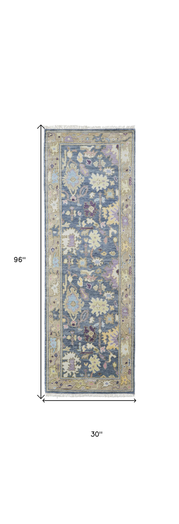 Homeroots 8' Gold Blue And Purple Wool Oriental Hand Knotted Runner Rug With Fringe Gold Wool 566245