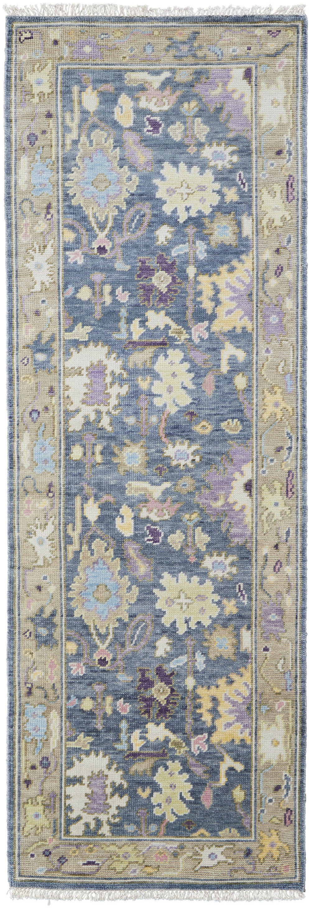 Homeroots 8' Gold Blue And Purple Wool Oriental Hand Knotted Runner Rug With Fringe Gold Wool 566245