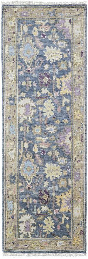 Homeroots 8' Gold Blue And Purple Wool Oriental Hand Knotted Runner Rug With Fringe Gold Wool 566245