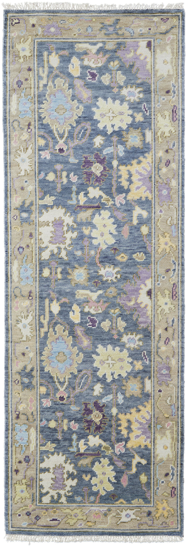 Homeroots 8' Gold Blue And Purple Wool Oriental Hand Knotted Runner Rug With Fringe Gold Wool 566245