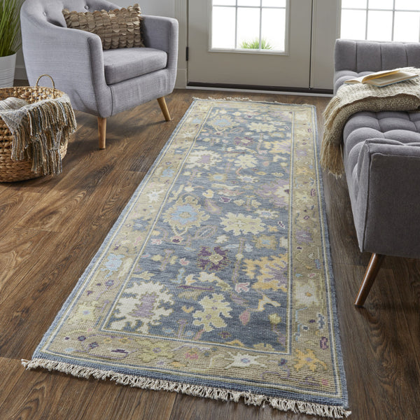 Homeroots 8' Gold Blue And Purple Wool Oriental Hand Knotted Runner Rug With Fringe Gold Wool 566245