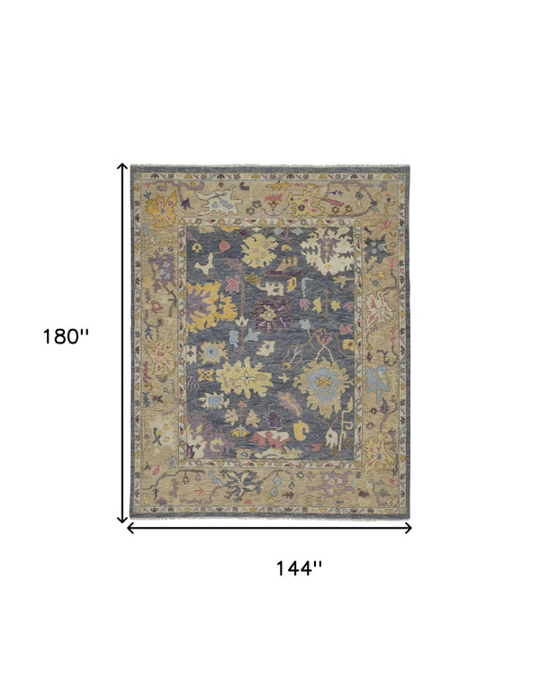 Homeroots 12' X 15' Gold Blue And Purple Wool Oriental Hand Knotted Area Rug With Fringe Gold Wool 566246