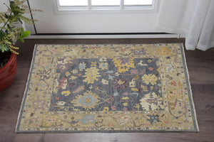 HomeRoots 4' Hand-Knotted Wool Oriental Area Rug in Rich Gold, Blue, and Purple - Timeless Elegance for Any Room 2' X 3' 566247